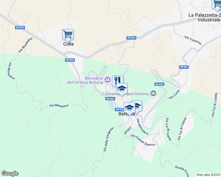 map of restaurants, bars, coffee shops, grocery stores, and more near 2 Via Monte Lauro in Bettona