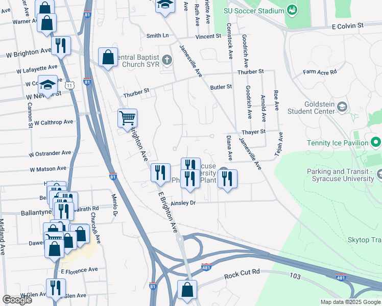 map of restaurants, bars, coffee shops, grocery stores, and more near 122 Newbury Hollow Lane in Syracuse