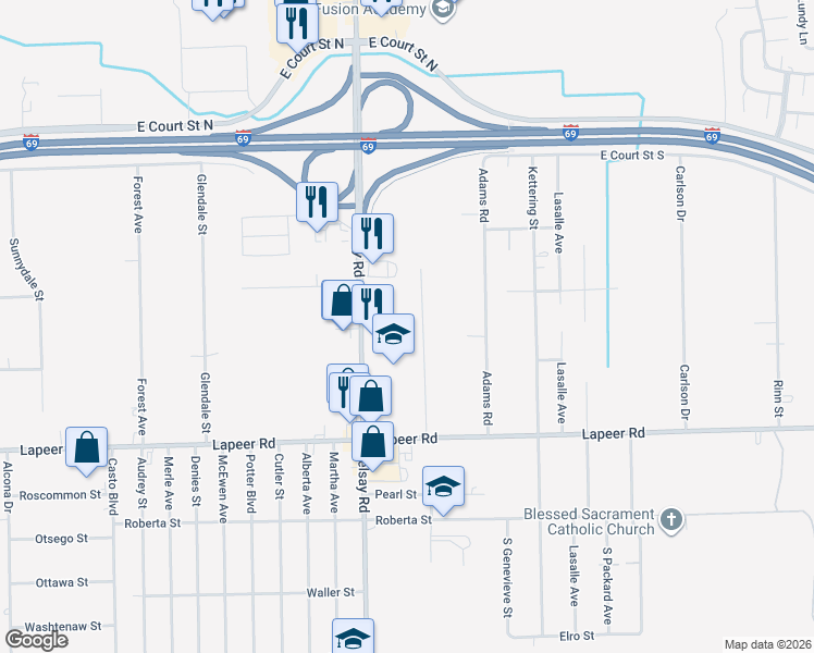 map of restaurants, bars, coffee shops, grocery stores, and more near 1172 Brabbs Street in Burton