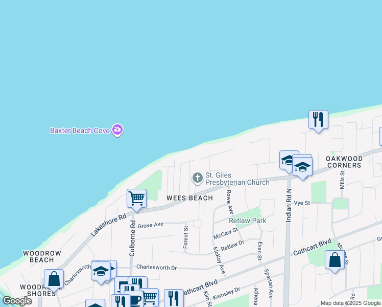 map of restaurants, bars, coffee shops, grocery stores, and more near 1650 Tyrie Drive East in Sarnia
