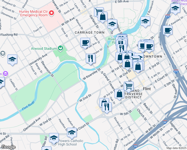 map of restaurants, bars, coffee shops, grocery stores, and more near 501 West Kearsley Street in Flint