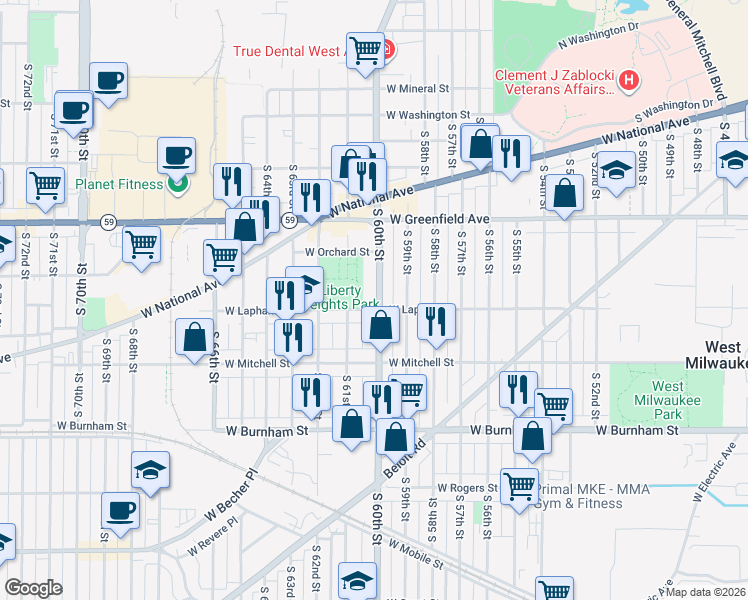map of restaurants, bars, coffee shops, grocery stores, and more near 1569 South 60th Street in West Allis