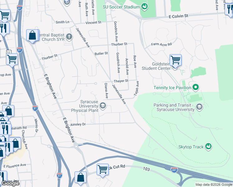 map of restaurants, bars, coffee shops, grocery stores, and more near 1200 Jamesville Avenue in Syracuse