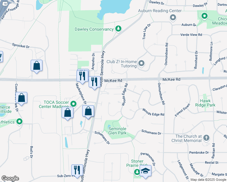 map of restaurants, bars, coffee shops, grocery stores, and more near 5938 Forest Lane in Fitchburg
