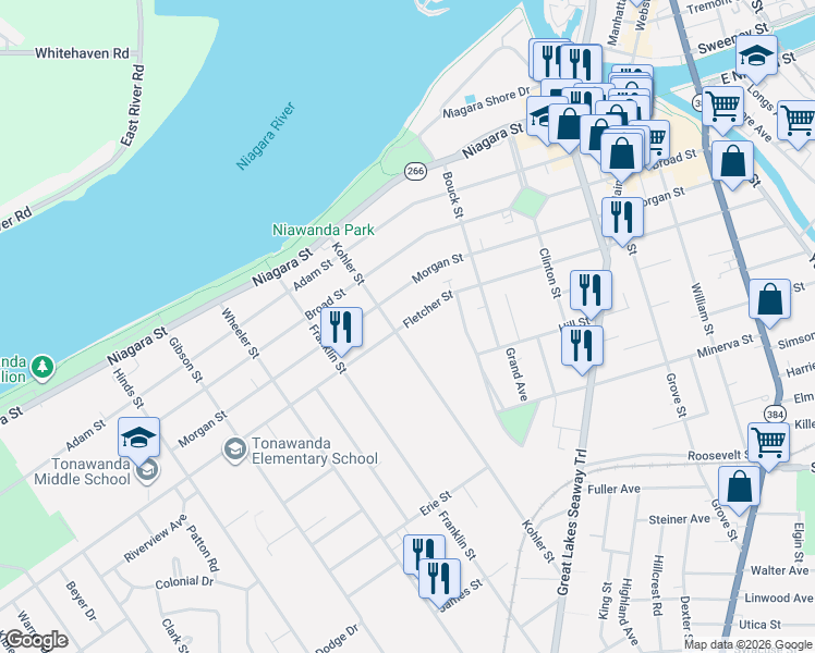 map of restaurants, bars, coffee shops, grocery stores, and more near 115 Kohler Street in Tonawanda