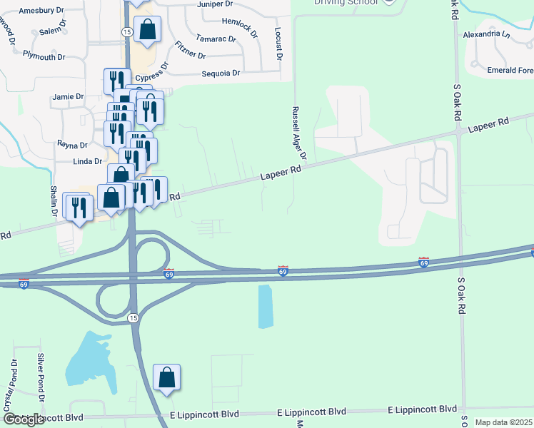 map of restaurants, bars, coffee shops, grocery stores, and more near 10266 Lapeer Road in Davison