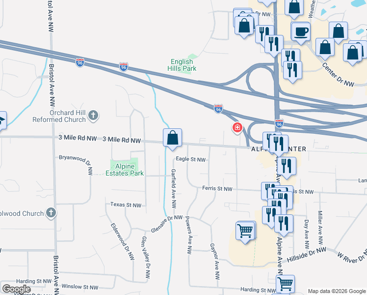 map of restaurants, bars, coffee shops, grocery stores, and more near 2748 Lincoln Avenue Northwest in Grand Rapids