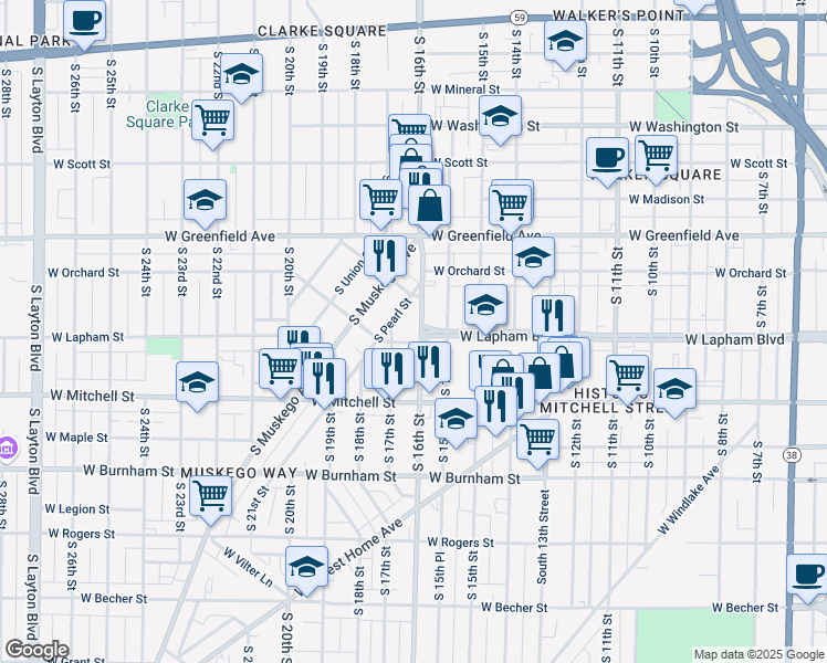 map of restaurants, bars, coffee shops, grocery stores, and more near in Milwaukee