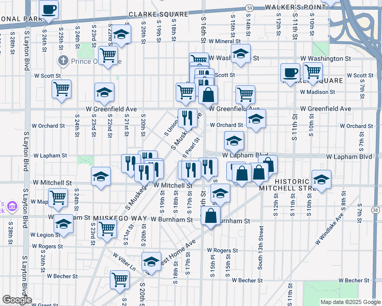 map of restaurants, bars, coffee shops, grocery stores, and more near 1707A West Lapham Street in Milwaukee