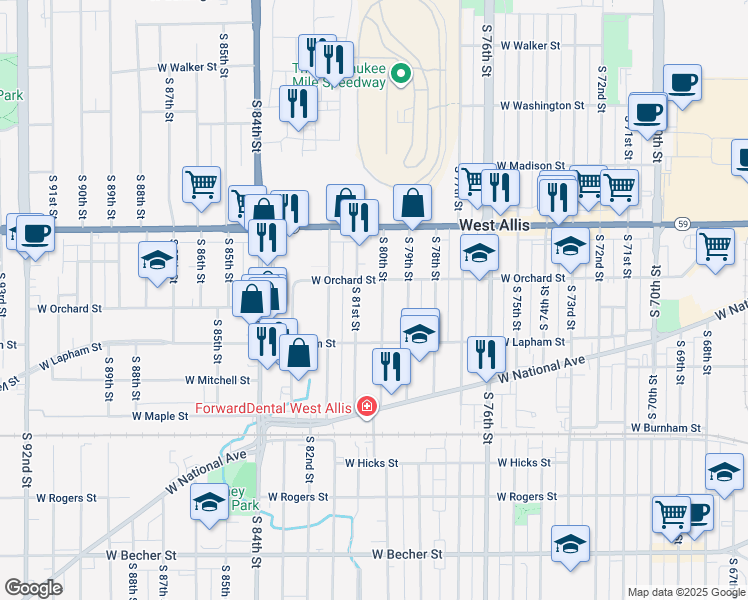 map of restaurants, bars, coffee shops, grocery stores, and more near 1540 South 81st Street in West Allis