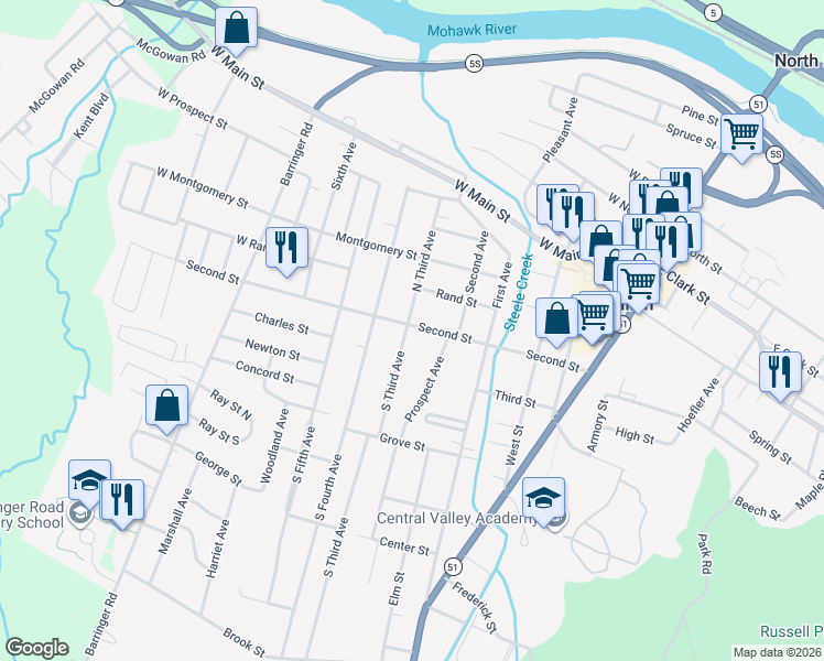 map of restaurants, bars, coffee shops, grocery stores, and more near 133 Second Street in Ilion