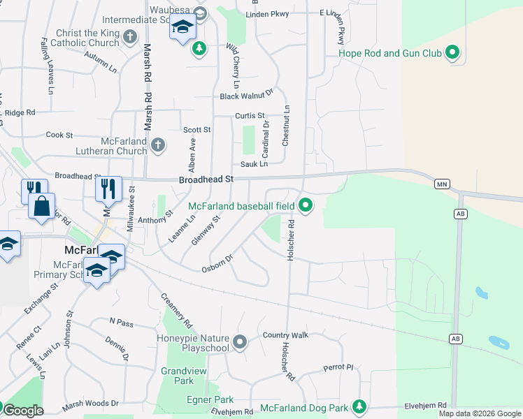 map of restaurants, bars, coffee shops, grocery stores, and more near 5803 Running Deer Trail in McFarland