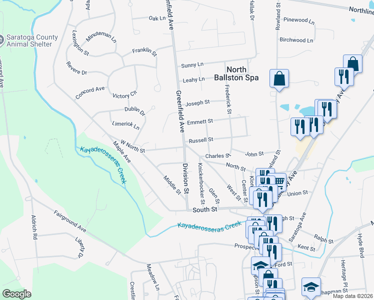 map of restaurants, bars, coffee shops, grocery stores, and more near 87 Division Street in Ballston Spa