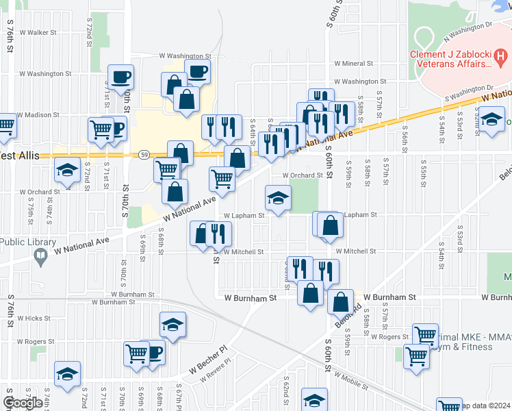 map of restaurants, bars, coffee shops, grocery stores, and more near 1564 South 64th Street in West Allis