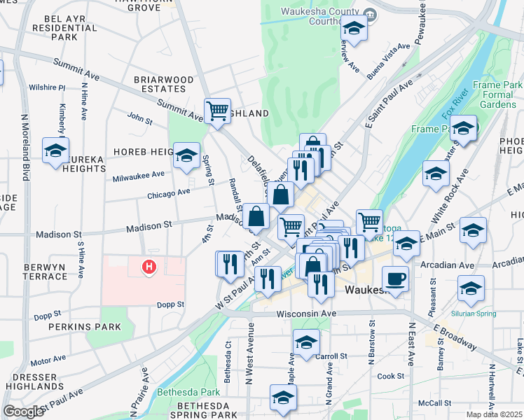 map of restaurants, bars, coffee shops, grocery stores, and more near 130 Delafield Street in Waukesha