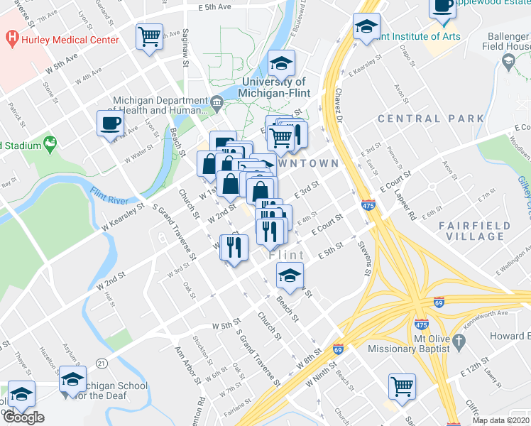 map of restaurants, bars, coffee shops, grocery stores, and more near 109 East 3rd Street in Flint