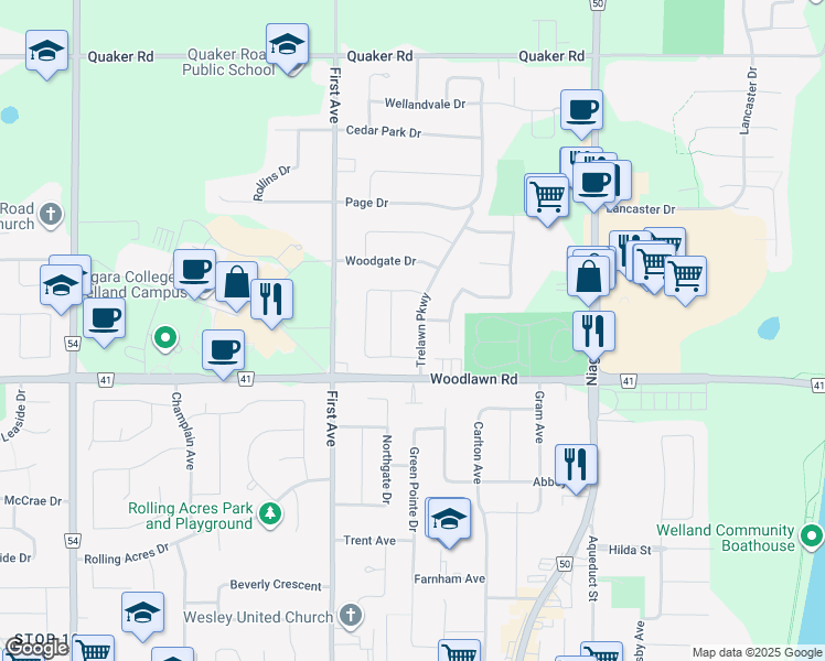 map of restaurants, bars, coffee shops, grocery stores, and more near 35 Trelawn Parkway in Welland