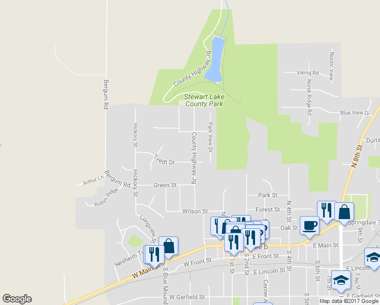 map of restaurants, bars, coffee shops, grocery stores, and more near 404 Lake Street in Mount Horeb