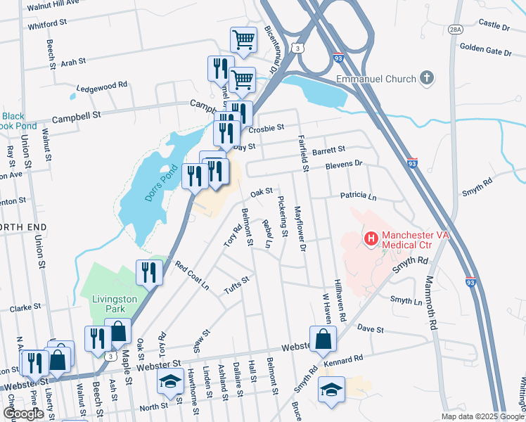 map of restaurants, bars, coffee shops, grocery stores, and more near 74 Rebel Lane in Manchester
