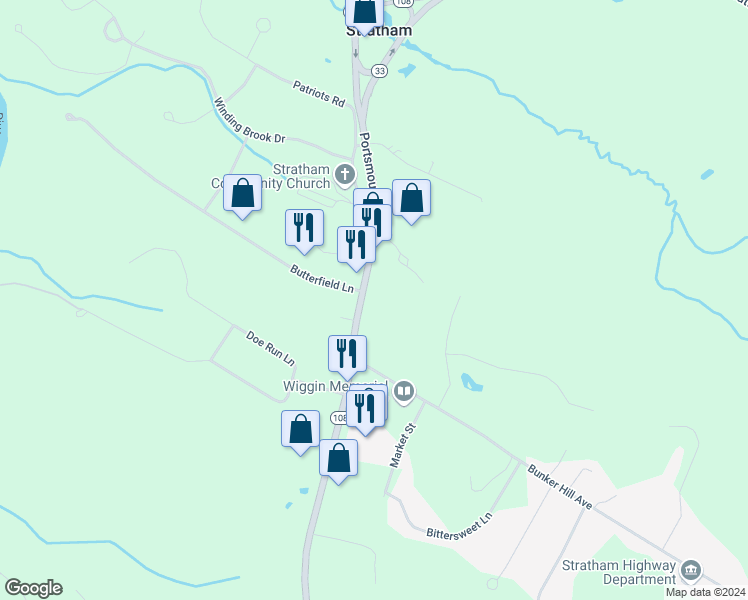 map of restaurants, bars, coffee shops, grocery stores, and more near 91 Portsmouth Avenue in Stratham