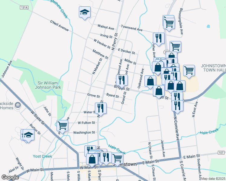 map of restaurants, bars, coffee shops, grocery stores, and more near 3 Byard Street in Johnstown