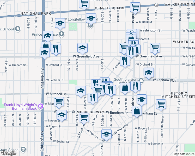 map of restaurants, bars, coffee shops, grocery stores, and more near 2027A West Lapham Street in Milwaukee