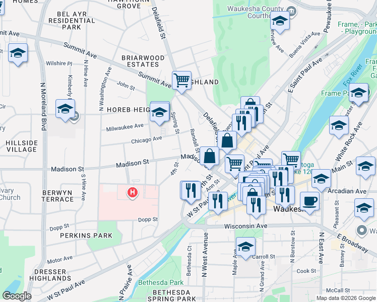 map of restaurants, bars, coffee shops, grocery stores, and more near 445 Madison Street in Waukesha