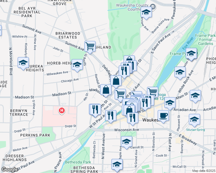 map of restaurants, bars, coffee shops, grocery stores, and more near 130 Delafield Street in Waukesha
