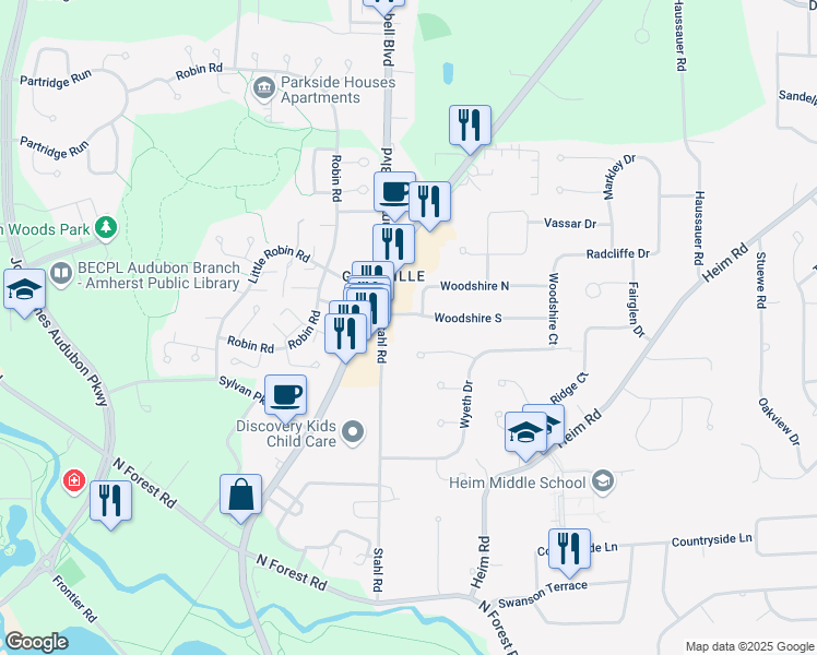 map of restaurants, bars, coffee shops, grocery stores, and more near 64 Drawbridge Court in Getzville