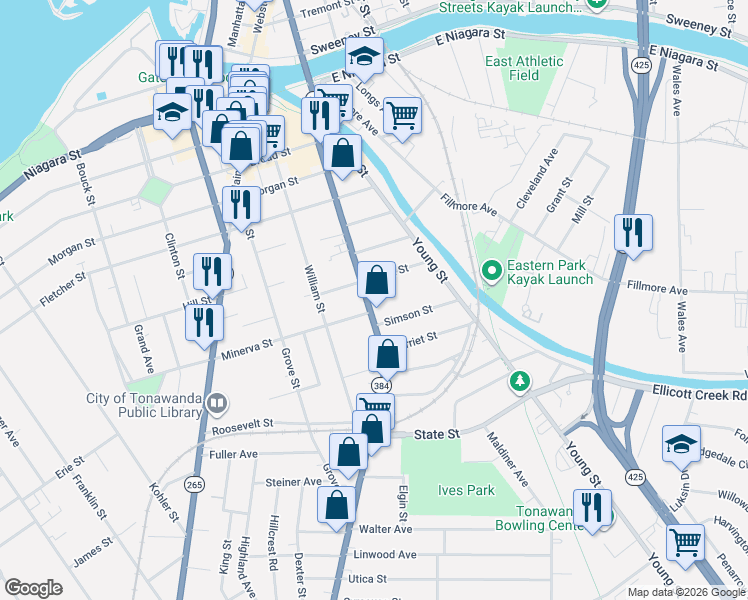 map of restaurants, bars, coffee shops, grocery stores, and more near 190 Delaware Street in Tonawanda