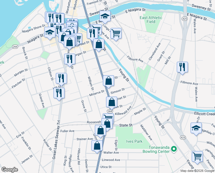 map of restaurants, bars, coffee shops, grocery stores, and more near 175 Delaware Street in Tonawanda