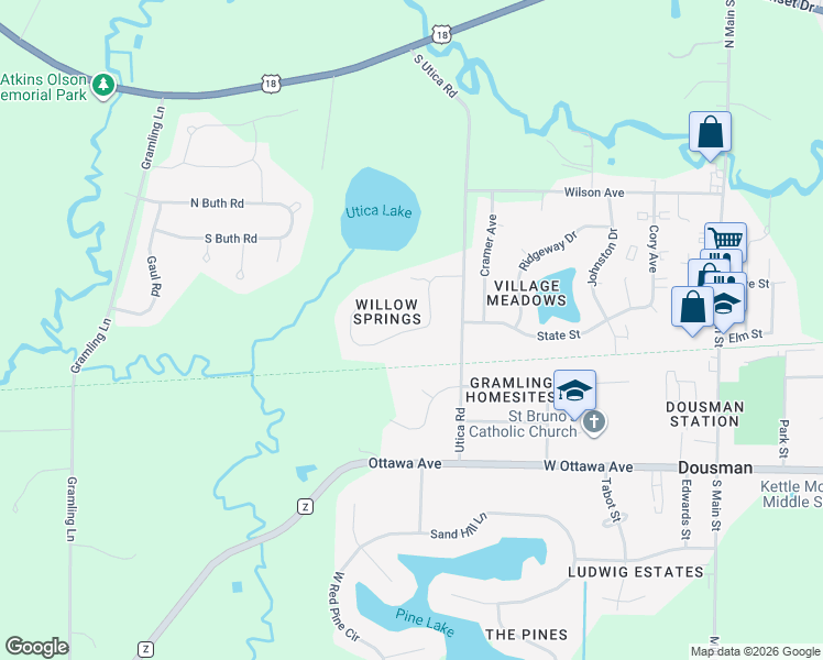 map of restaurants, bars, coffee shops, grocery stores, and more near Willow Springs Drive in Dousman