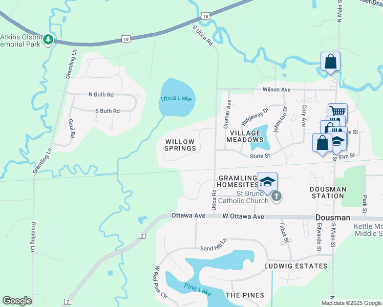map of restaurants, bars, coffee shops, grocery stores, and more near Willow Springs Drive in Dousman