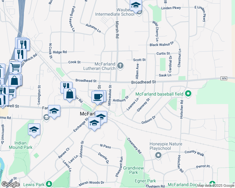 map of restaurants, bars, coffee shops, grocery stores, and more near 5910 Anthony Street in McFarland
