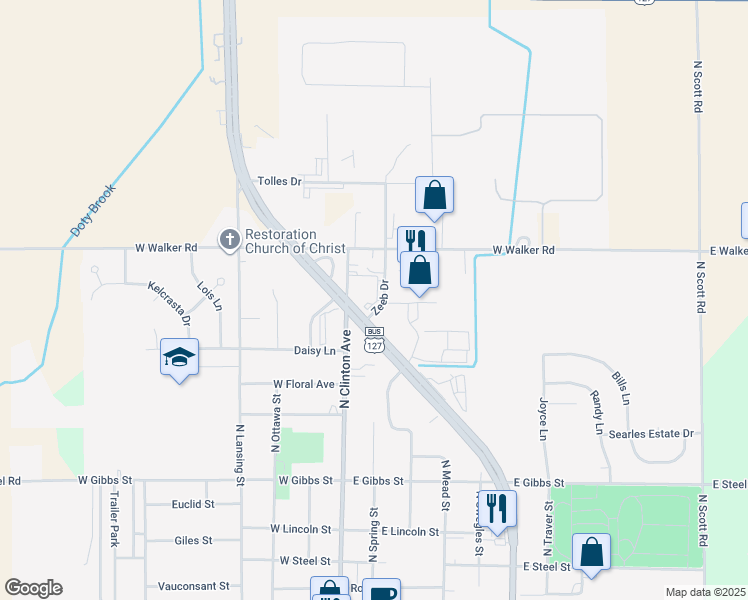 map of restaurants, bars, coffee shops, grocery stores, and more near 1200 Zeeb Drive in Saint Johns