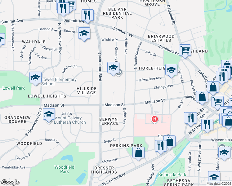 map of restaurants, bars, coffee shops, grocery stores, and more near 113 Cecilia Court in Waukesha