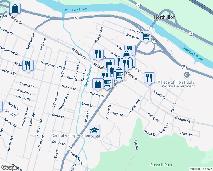 map of restaurants, bars, coffee shops, grocery stores, and more near 48 1st Street in Ilion