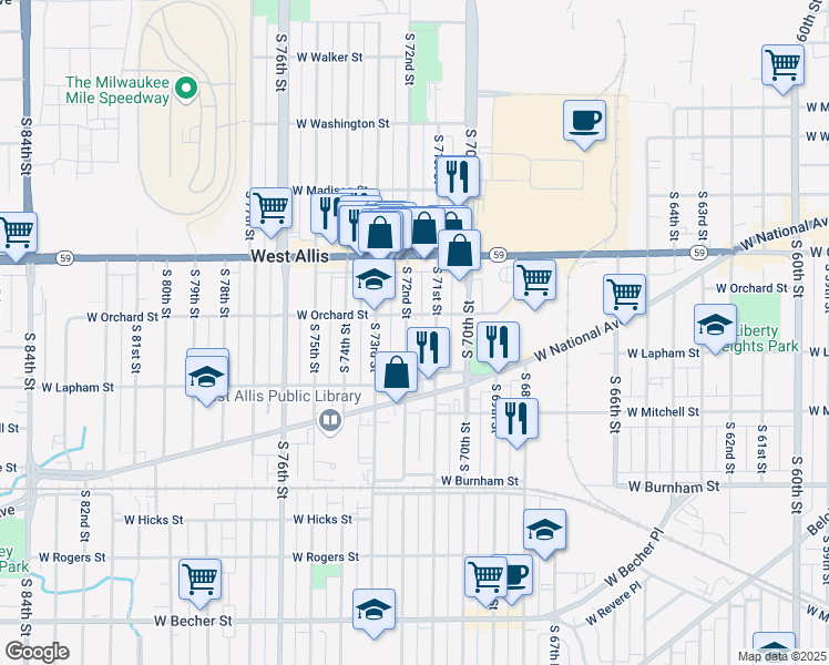 map of restaurants, bars, coffee shops, grocery stores, and more near 1542 South 72nd Street in West Allis