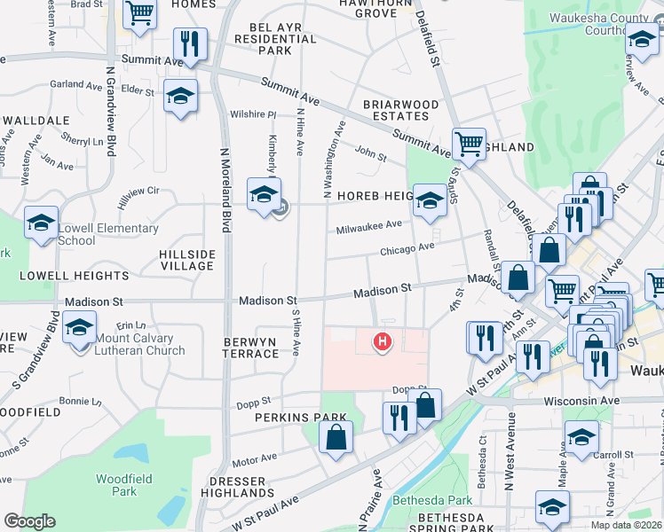 map of restaurants, bars, coffee shops, grocery stores, and more near 115 North Washington Avenue in Waukesha