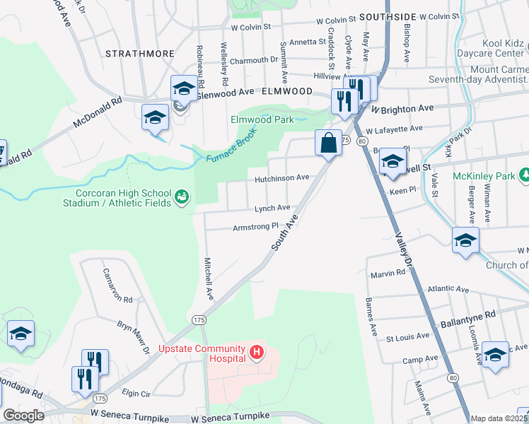 map of restaurants, bars, coffee shops, grocery stores, and more near 114 Armstrong Place in Syracuse