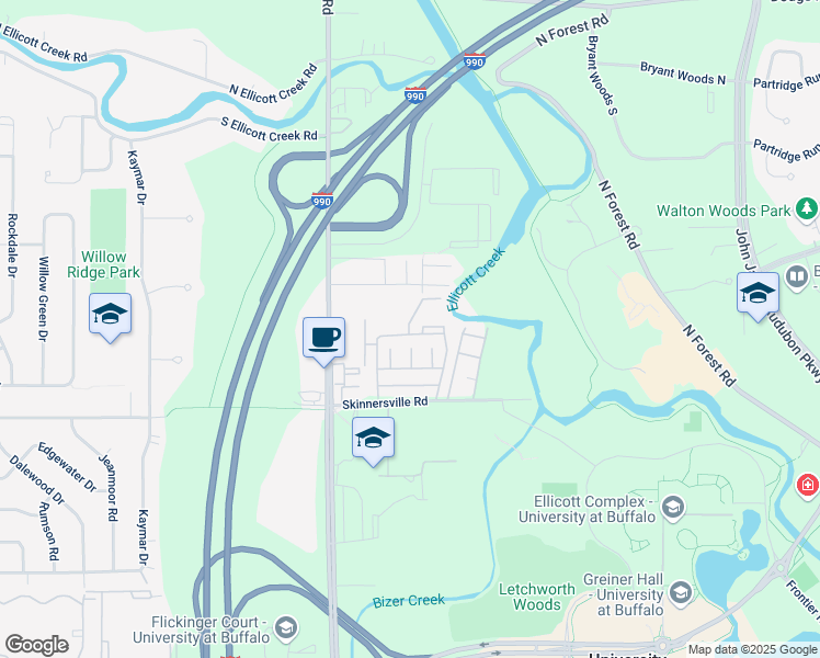 map of restaurants, bars, coffee shops, grocery stores, and more near 111 Charter Oaks Drive in Buffalo