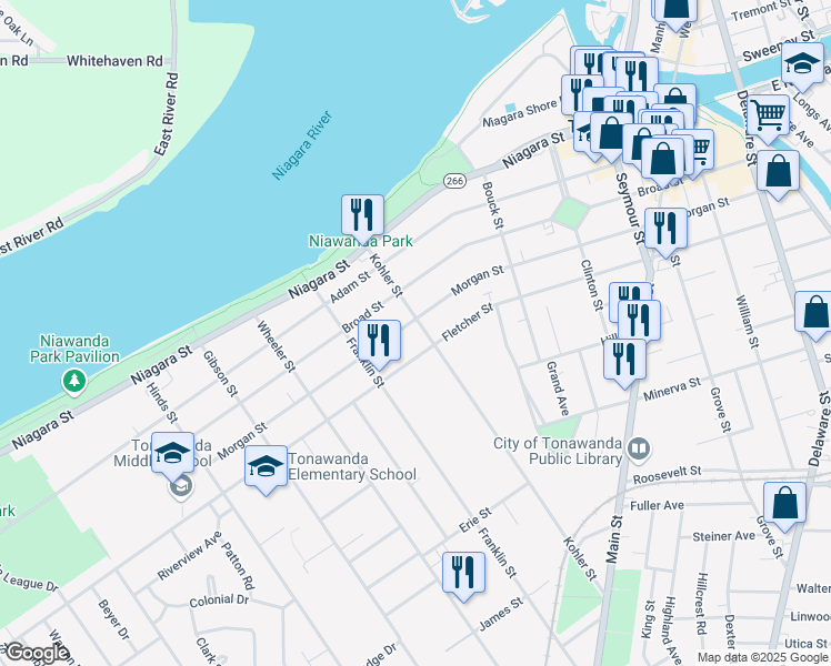 map of restaurants, bars, coffee shops, grocery stores, and more near 366 Fletcher Street in Tonawanda