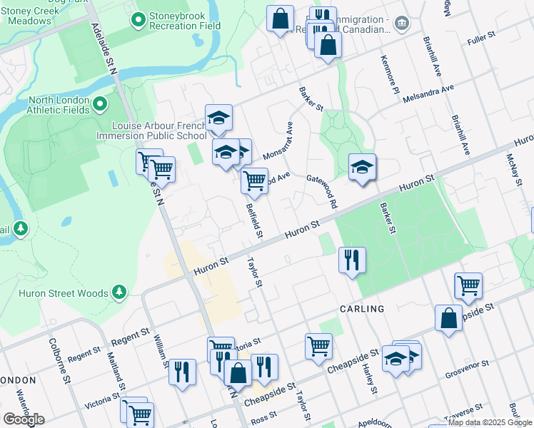 map of restaurants, bars, coffee shops, grocery stores, and more near 294 Belfield Street in London