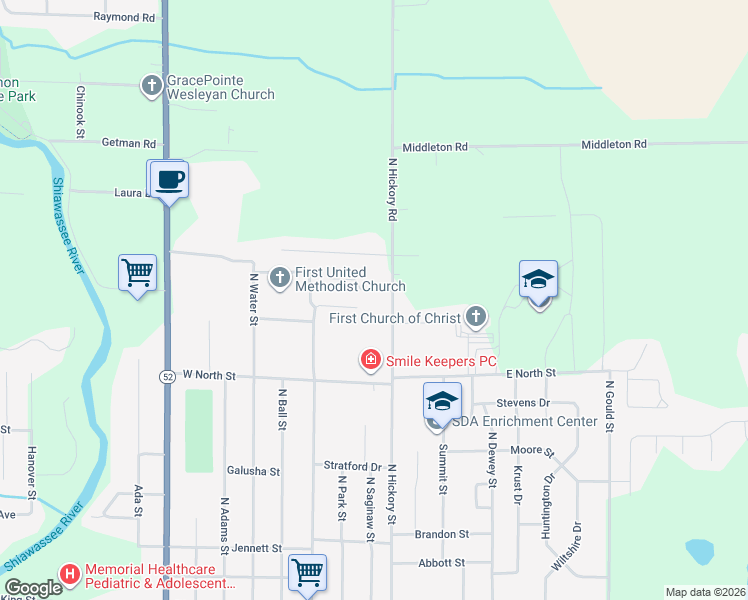 map of restaurants, bars, coffee shops, grocery stores, and more near 118 East Wesley Drive in Owosso
