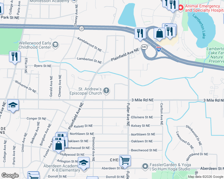 map of restaurants, bars, coffee shops, grocery stores, and more near 1025 3 Mile Road Northeast in Grand Rapids