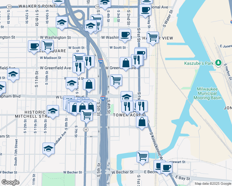 map of restaurants, bars, coffee shops, grocery stores, and more near 1610 South 4th Street in Milwaukee
