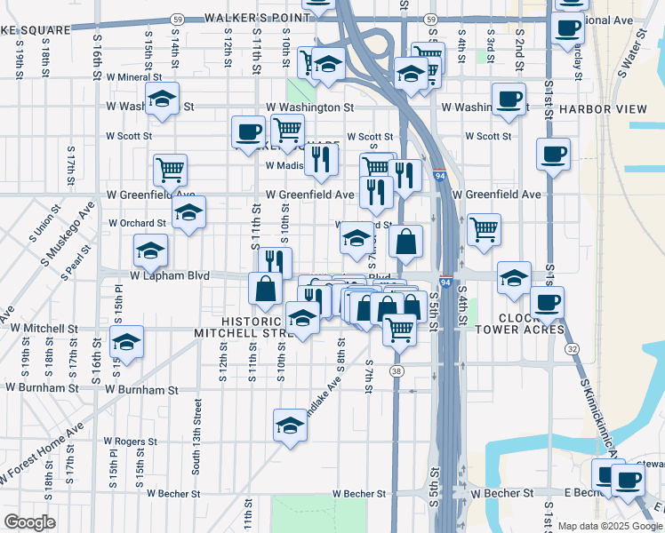map of restaurants, bars, coffee shops, grocery stores, and more near 725 West Lapham Boulevard in Milwaukee