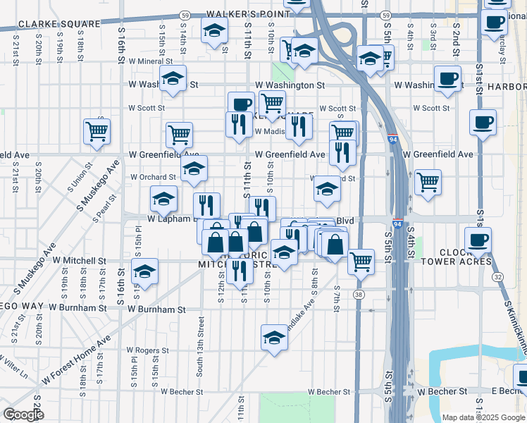 map of restaurants, bars, coffee shops, grocery stores, and more near 1609 South 10th Street in Milwaukee