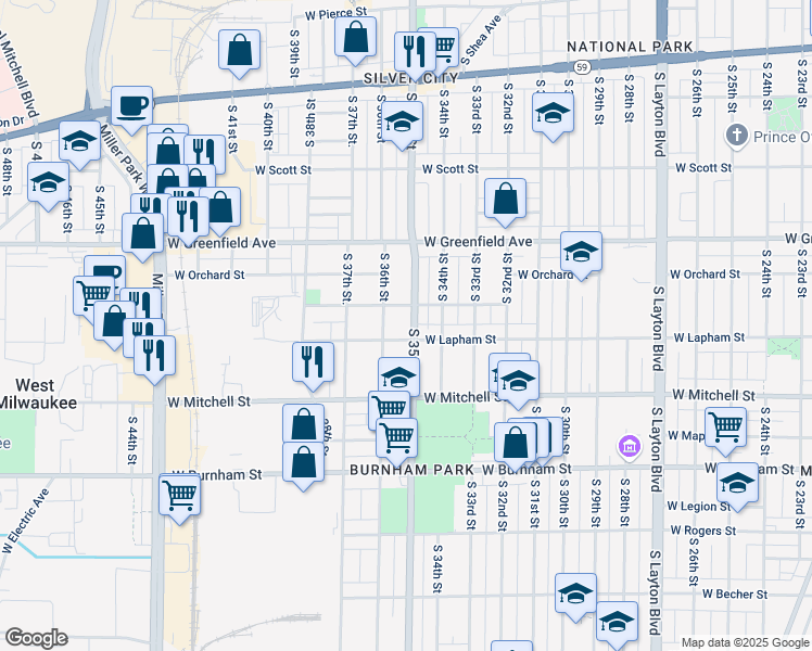 map of restaurants, bars, coffee shops, grocery stores, and more near 3525 West Lapham Street in Milwaukee