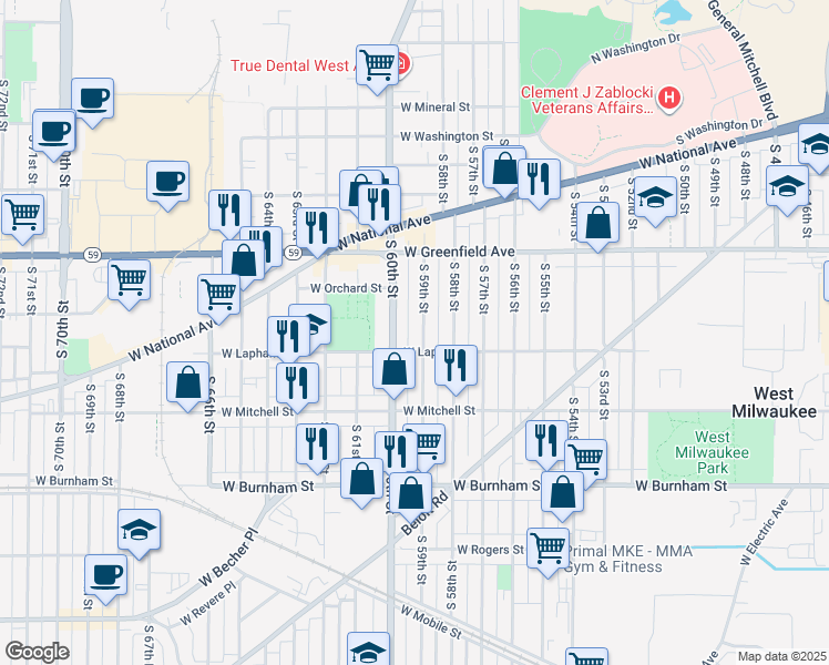 map of restaurants, bars, coffee shops, grocery stores, and more near 1602 South 60th Street in West Allis